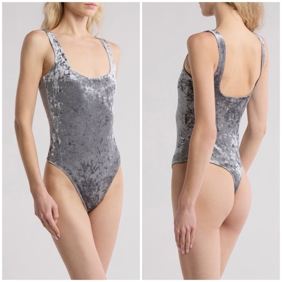 Good American Tops - Good American Gray Crushed Velvet Tank Bodysuit